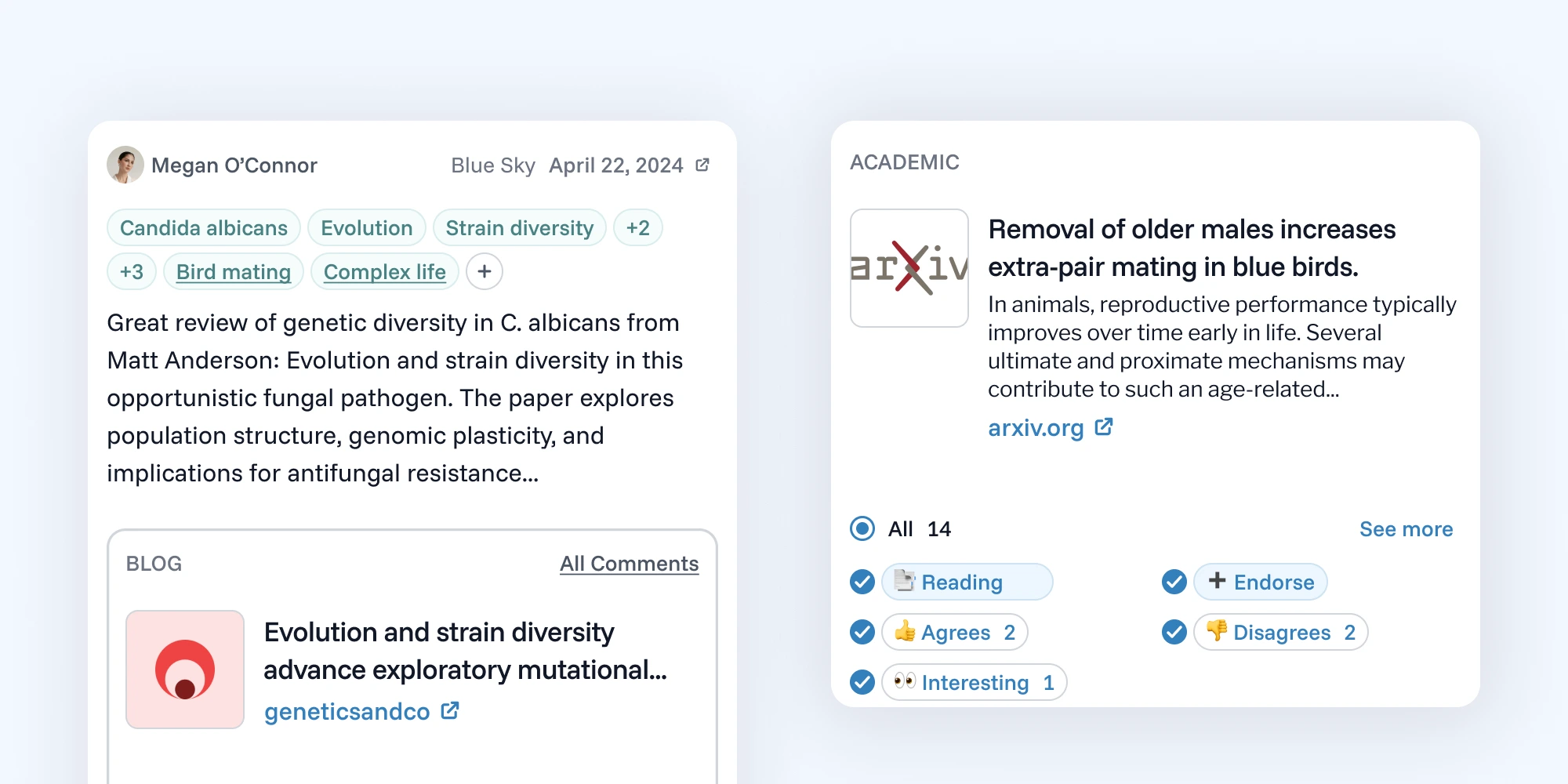 Screenshot of Hyperfeed, showing the timeline, as well as a card view